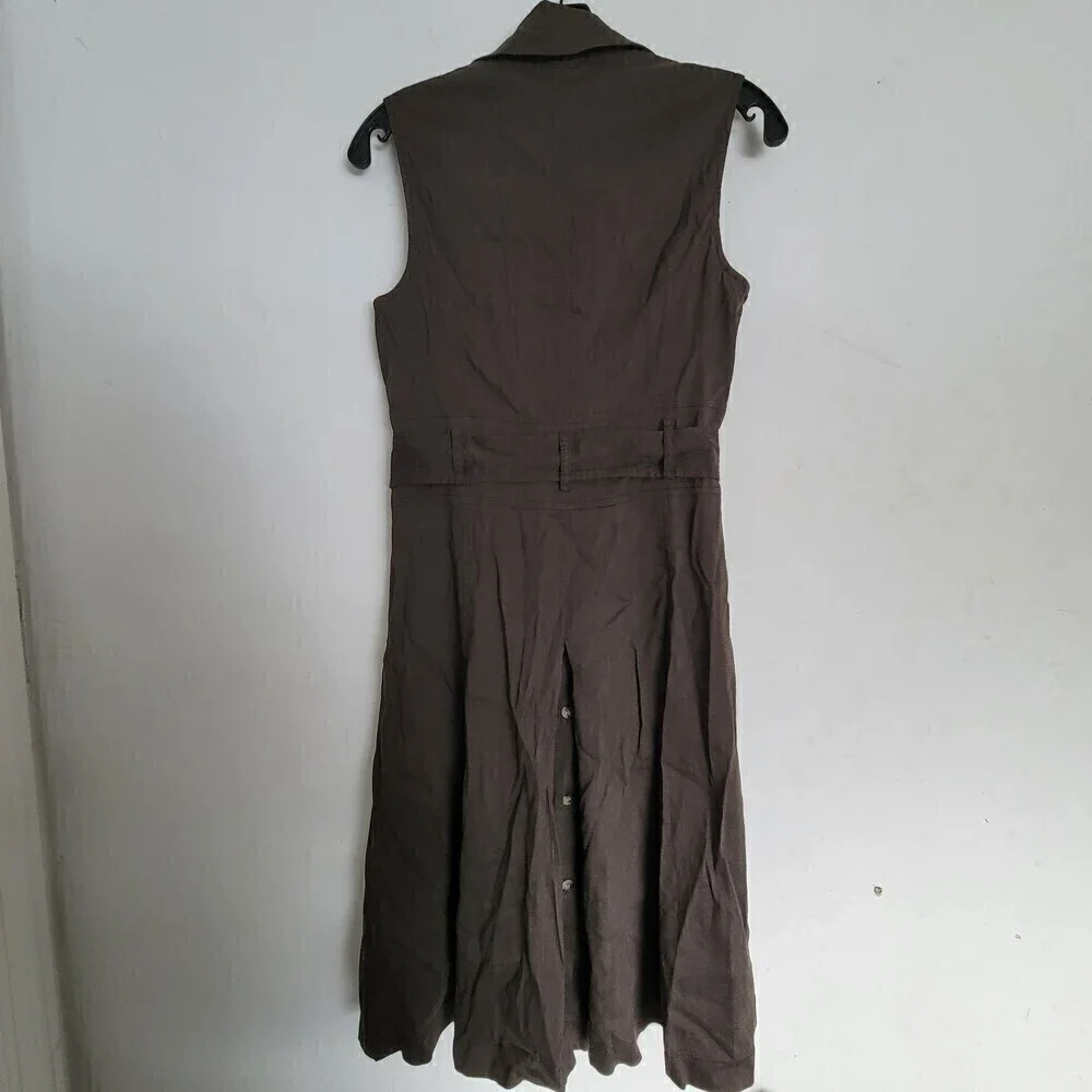 Theory Brown Button Front Sleeveless Linen Belted Pleated Back Midi Dress Size 8